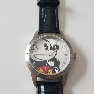 Black Leather Strap Cartoon Character Wristwatch - White Dial